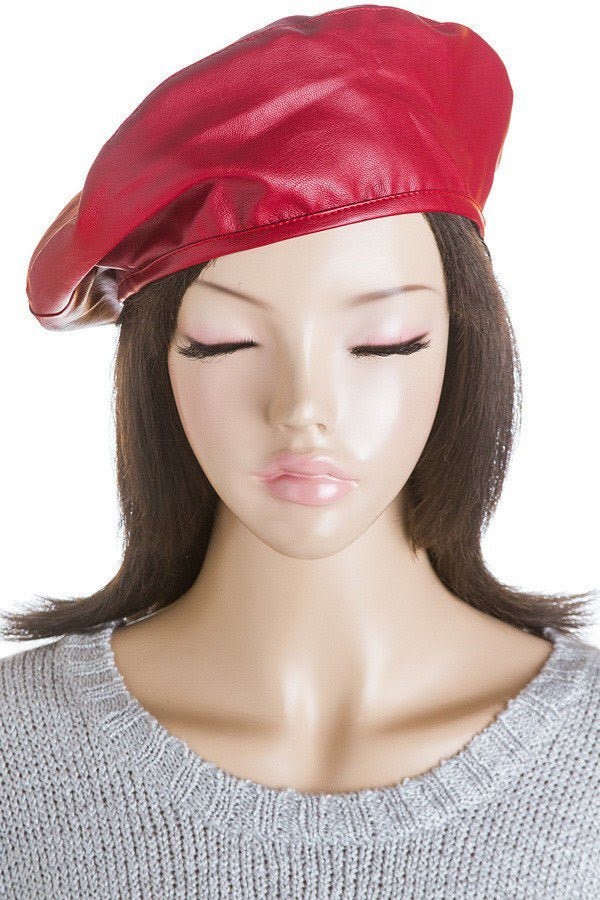 Red Faux Leather Beret
