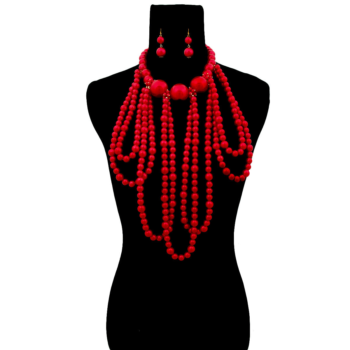 Red Pearl Long Draping Necklace Set