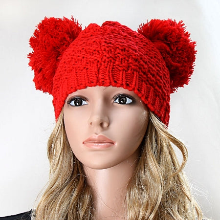Red Double Pom Pom Beanie Hat