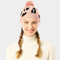 Pink Soft Fuzzy Leopard Beanie