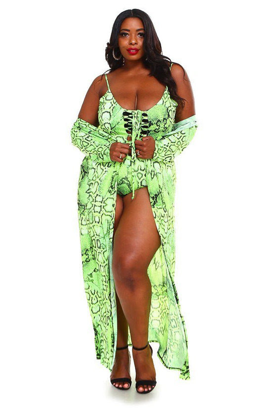 Load image into Gallery viewer, Green Snake Print Kimono Swim Set
