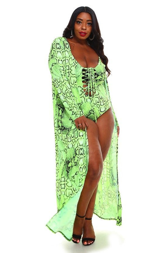 Green Snake Print Kimono Swim Set