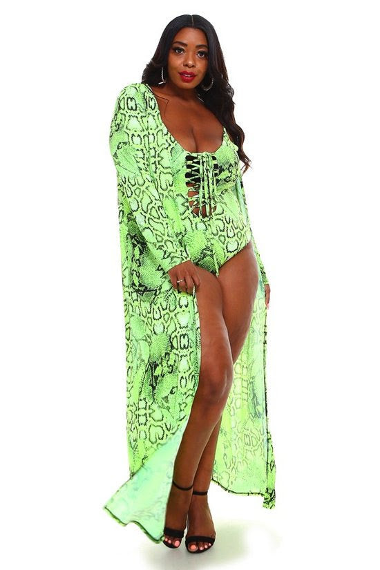 Load image into Gallery viewer, Green Snake Print Kimono Swim Set
