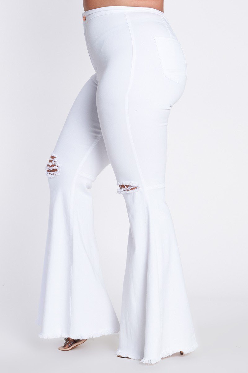 White Distressed Bell Bottom Jeans
