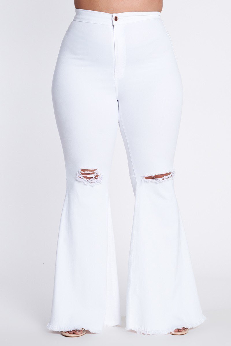 White Distressed Bell Bottom Jeans