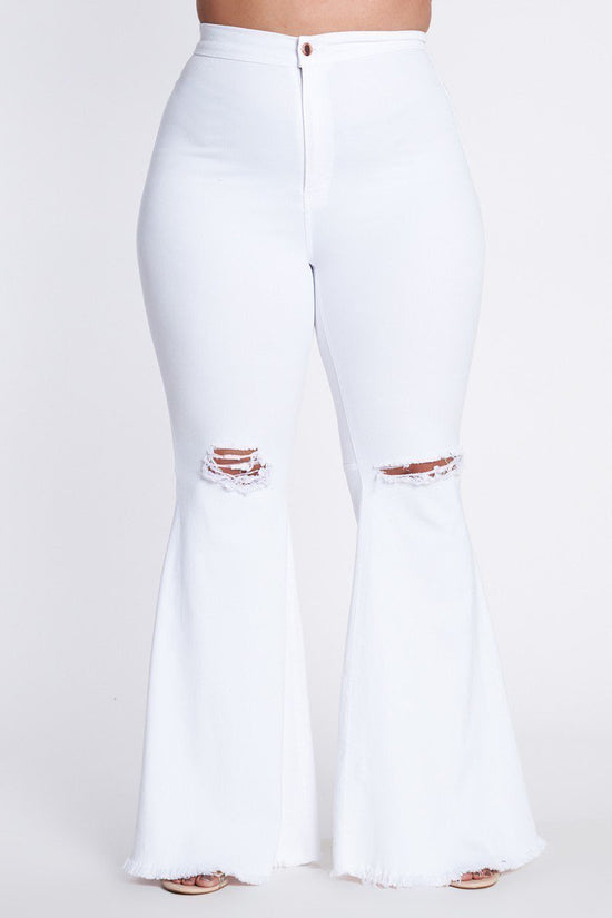 Load image into Gallery viewer, White Distressed Bell Bottom Jeans
