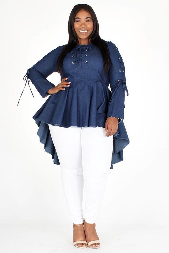 Denim Lace-Up Peplum Top